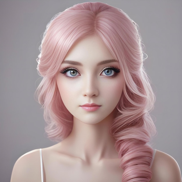 a model of a woman with pink hair and a pink hairdo.