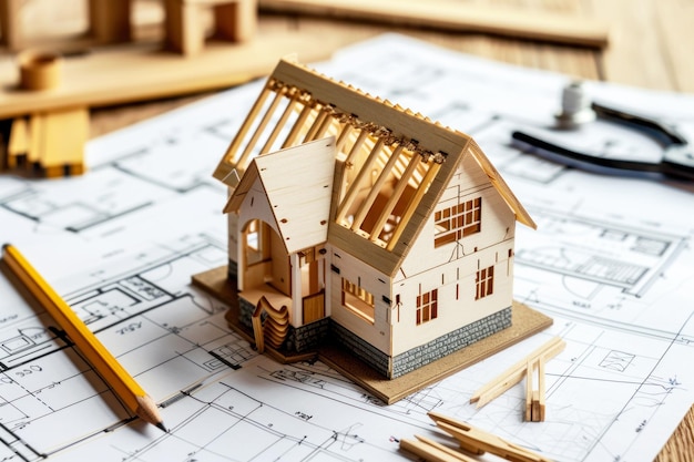 Model Wooden built house on papers