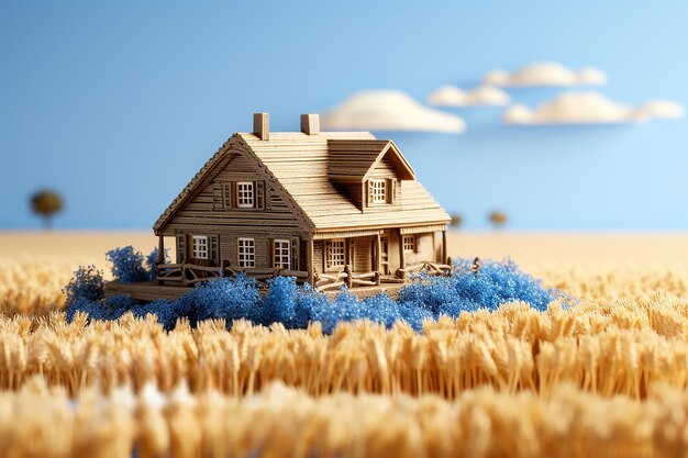 Model of a wooden house in a field with wheat ecology concept