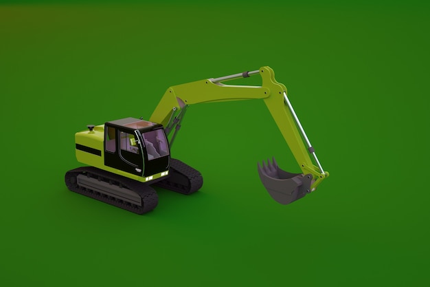 Model of a yellow excavator on a green isolated background. Object of a large heavy construction machine with a large bucket in the background. 3D graphics, close-up