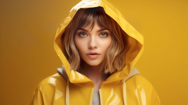 a model in a yellow raincoat with a hood on it