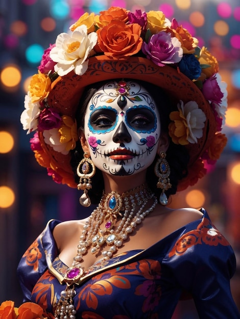 Modelado 3D de La Catrina Dia de los muertos sombrero de flores