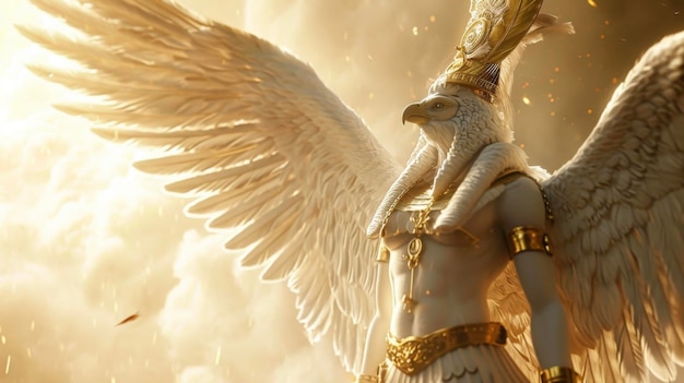 Foto modellato sulla divinità egiziana horus un angelo con la testa di falco sorveglia la terra e