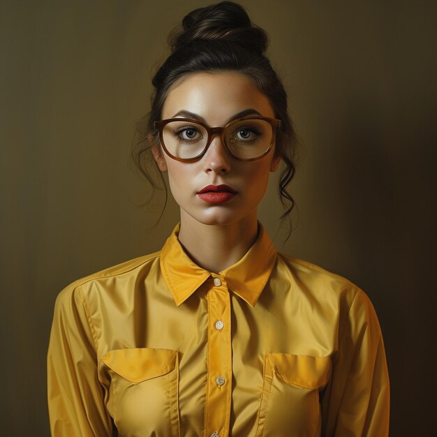 Photo modeling girl mustard yellow button up shirt with a single visible pocket ai generative