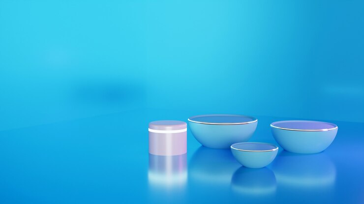 Фотография платформа для моделирования, 3d-рендеринг, футуристическая абстракция геометрических фигур. округлый в пастельно-голубой комнате вода жидкий фон