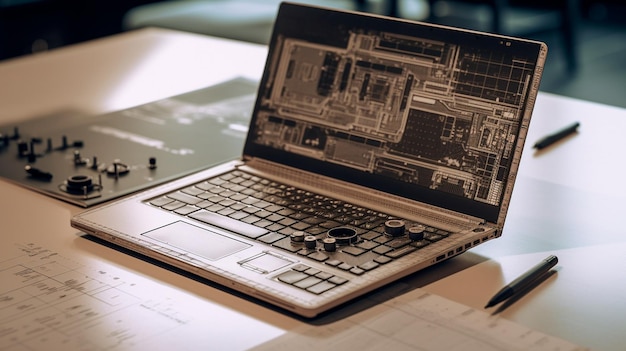 Modellaptop voor de werkplaats van een ingenieur Generatieve AI