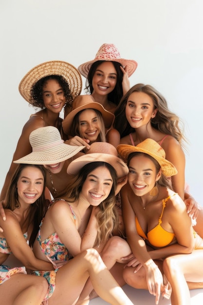 Modellen in strandkleding poseren samen om de zomerstijl en het zusterschap te tonen.