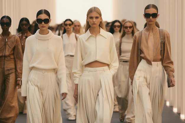 Foto modellen lopen de catwalk in lichtzwarte en beige kleding met een normcore stijl de kleding heeft gestructureerde pigmentvlakken en is geïnspireerd door de jaren zeventig