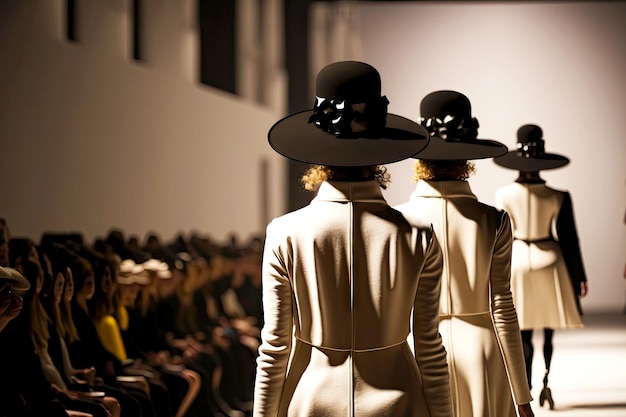 Modellen lopen met hoeden over de landingsbaan tijdens modeshows