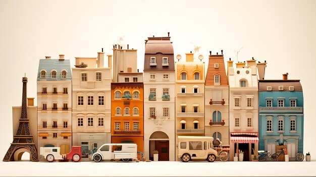 Models of buildings and a camera with adorable toy sculptures Travel concept with landmarks