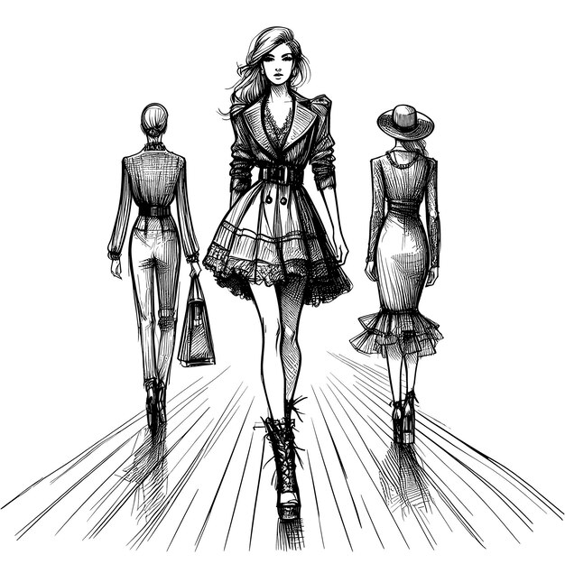 Photo models on a catwalk hand drawn sketch black drawing on white background ai generative illustration