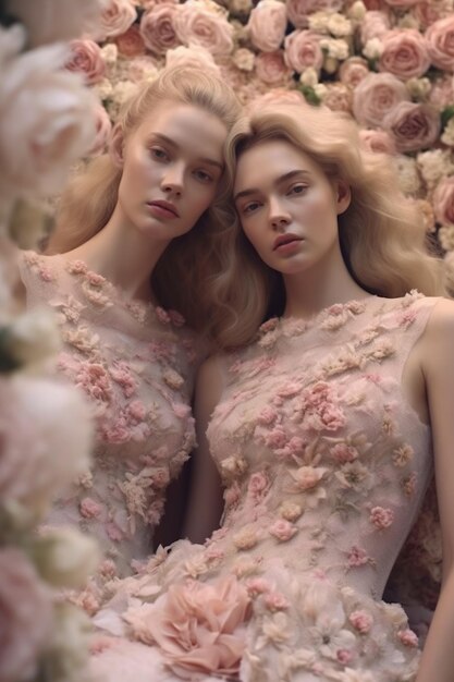 写真 ファッションデザイナーの花のドレスを着たモデル