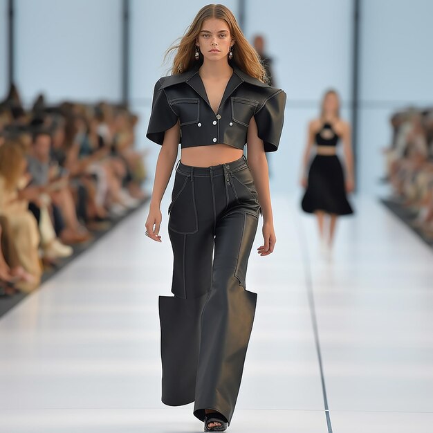 Models wear black and white plunging jumpsuits and floor length dresses photography