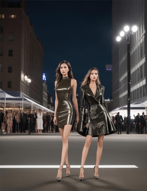 Models wearing designer clothes on an outdoor catwalk in the city at night with elegance and luxury