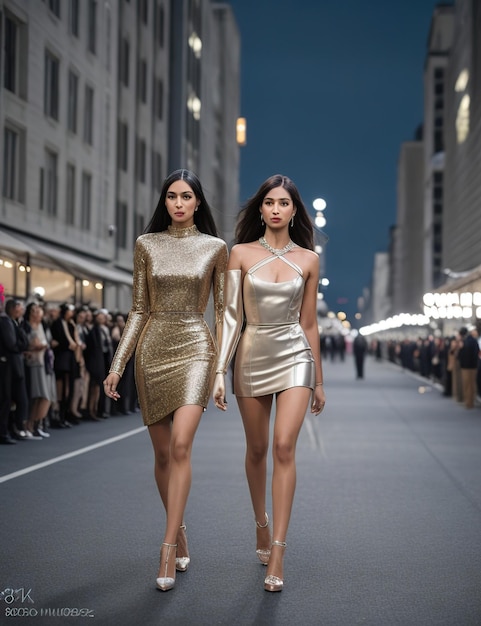 Models wearing designer clothes on an outdoor catwalk in the city at night with elegance and luxury