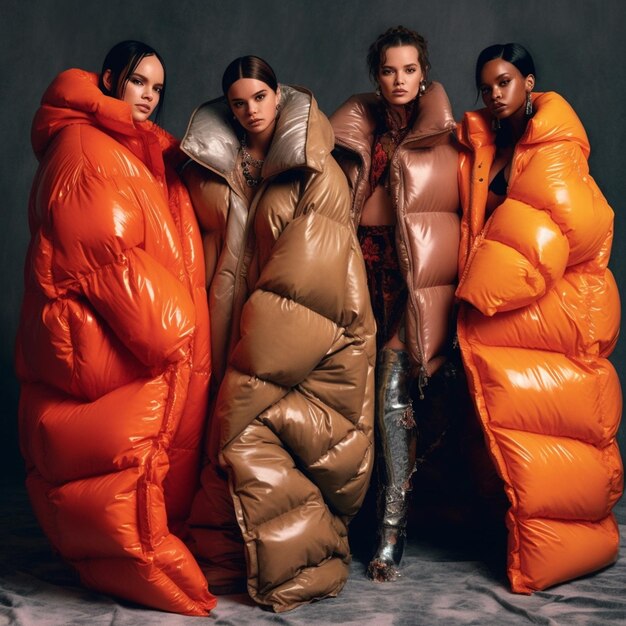 Models wearing orange puffers and the word " model " on the bottom.