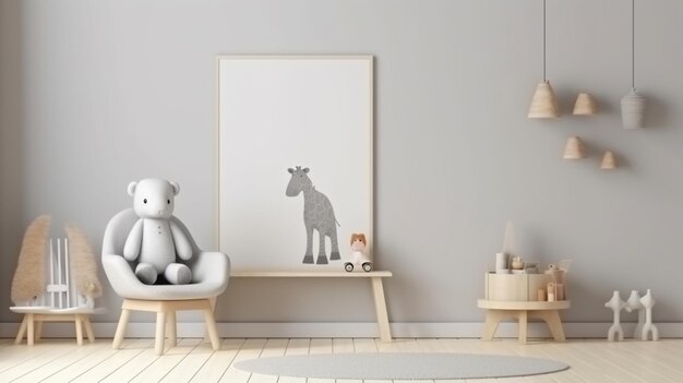 Modelwand in de kinderkamer met grijze fauteuil op lichtwitte kleurwand Generative AI