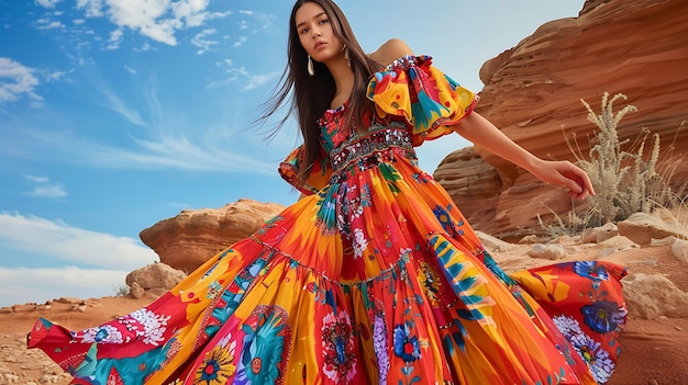 Modemodel met een kleurrijke bloemenjurk die in een woestijnkloof staat