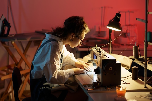 Modeontwerper naai kleding zelfstandige kleermaker bereidt zich voor op presentatie van nieuwe kledingcollectie