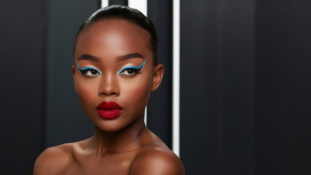 Modeportret van een donkere meisje met kleur make-up en een mooi gezicht