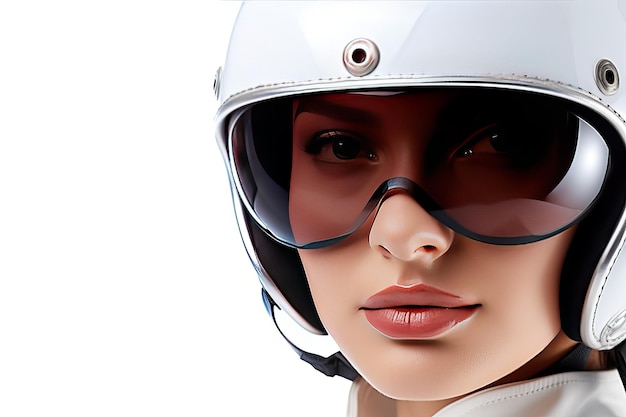 Modeportret van een jonge vrouw in een witte motorhelm Levensverzekering en beschermingsconcept