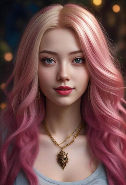 Modeportret van een mooi meisje met roze haar en gouden sieraden