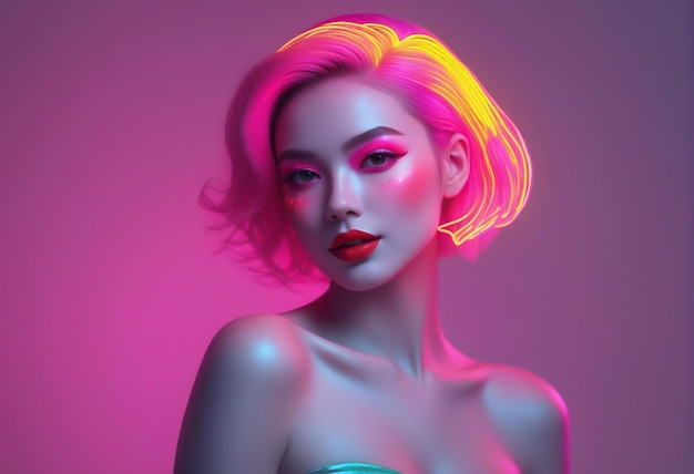 Modeportret van een mooi meisje met roze haar en neonlichten op haar gezicht