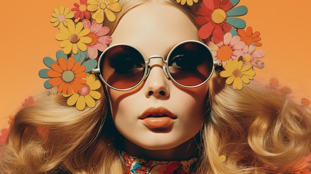 Foto modeportret van een mooie jonge vrouw met lang blond haar in een stijlvolle zonnebril
