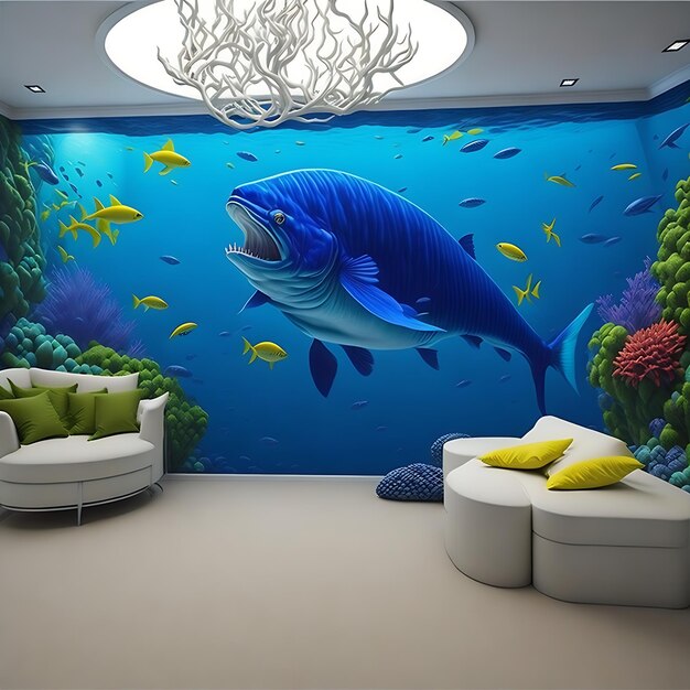 Современные 3D рисунки рыб на стенах