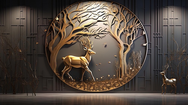 modern 3d interior mural stag wall art dark and golden forest trees deer animal wildlife