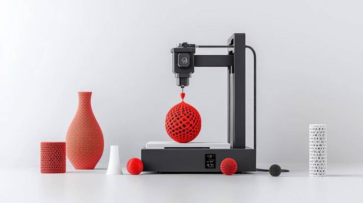 Photo modern 3d printer showcasing intricate red designs surrounded by colorful vases and geometric shapes