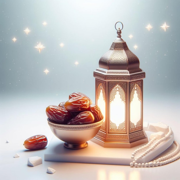 Modern 3d realistic arabic ramadan lantern and crescent moon