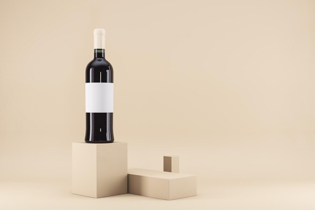 Modern 3D-weergavebeeld van glanzende wijnfles op voetstuk