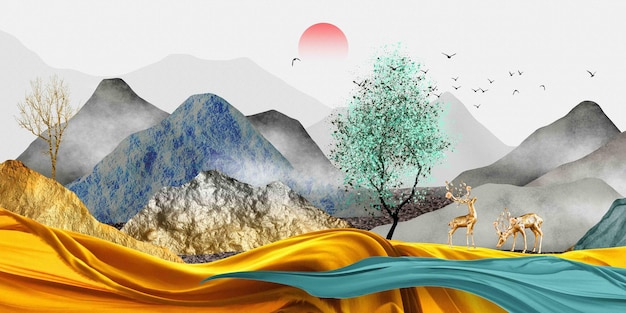 현대 추상 미술 벽, 풍경화, 황금 배경. 풍경, 세련된 벽지,