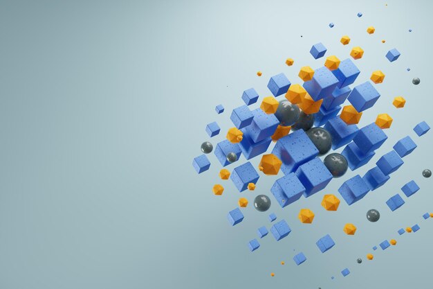 現代の抽象的な混沌とした構成キューブ球多角形の背景幾何学的な未来的な青オレンジシアン要素 3d レンダリング画像