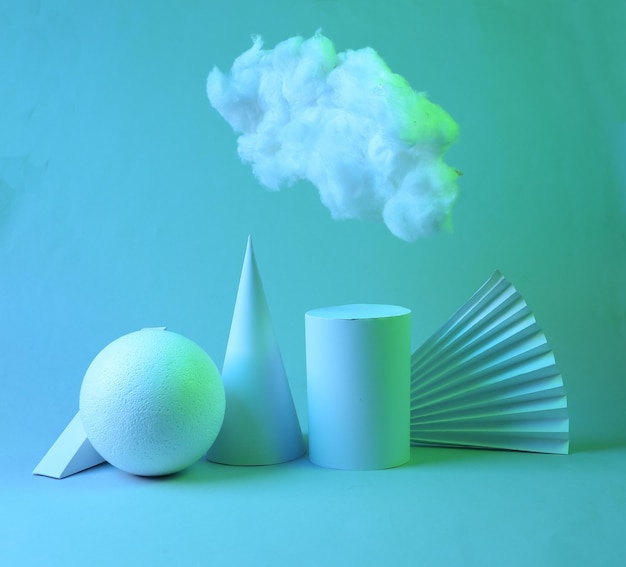 Modern abstract composition of geometric shapes and floating fluffy cloud in blue green neon gradient light Creative idea Concept art Minimalism Surrealism