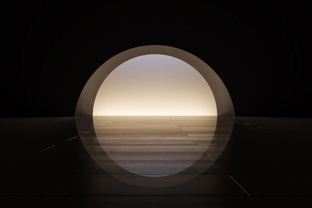 사진 현대적인 추상 어두운 둥근 출구 또는 빛 반사가 있는 입구 구 및 모의 장소 타일 바닥 3d 렌더링