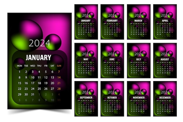 Современный абстрактный дизайн шаблона календаря 2024 года на каждом месяце с глянцевыми шарами в векторе