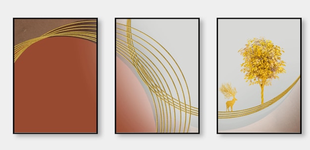 モダンな抽象的なゴールド ラインの幾何学的な背景のトリプティク