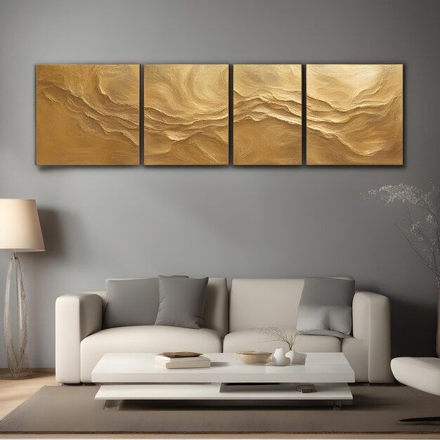 Modern abstract golden textured art oil painting triptych