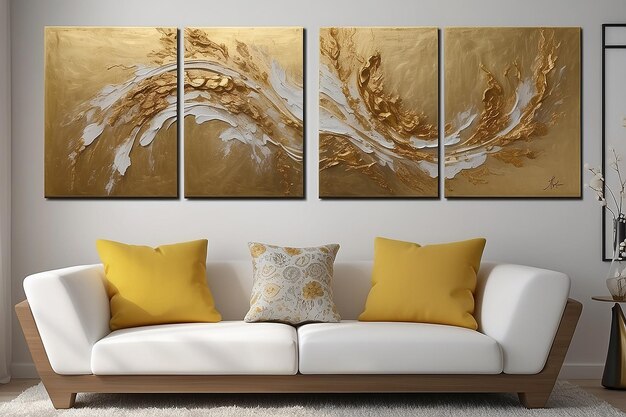 Modern abstract golden textured art oil painting triptych