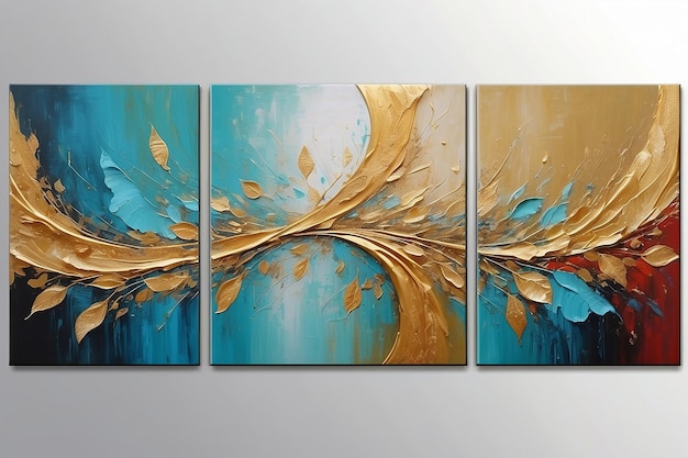 Modern abstract golden textured art oil painting triptych