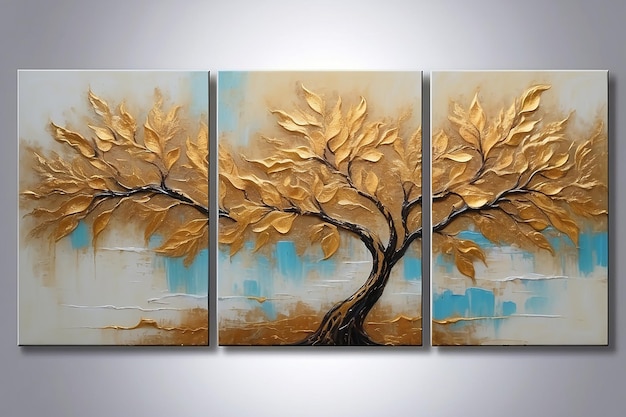 Modern abstract golden textured art oil painting triptych