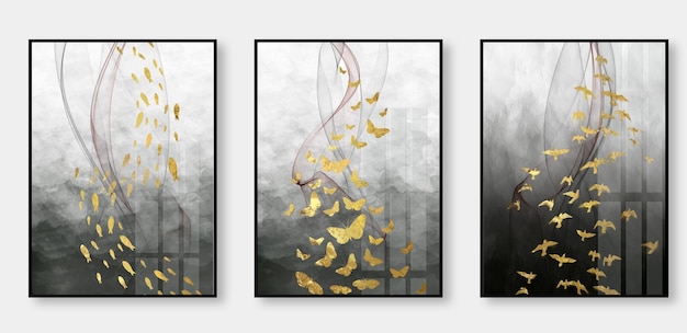 modern abstract, ink landscape, gold lines, art, background decoration