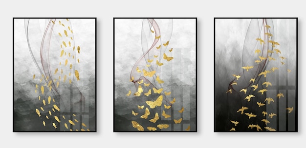 Modern abstract, ink landscape, gold lines, art, background\
decoration