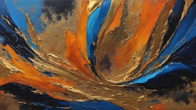 Modern abstract oil painting art design orange gold blue