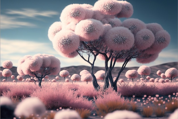 Modern abstract tree with pink fluffy cotton leaves