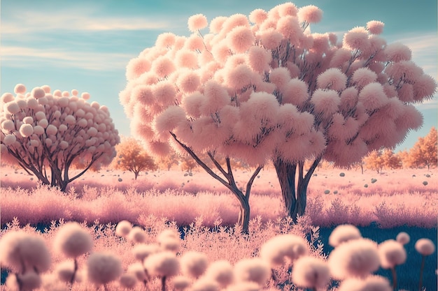 ピンクのふわふわの綿の葉を持つモダンな抽象ツリー