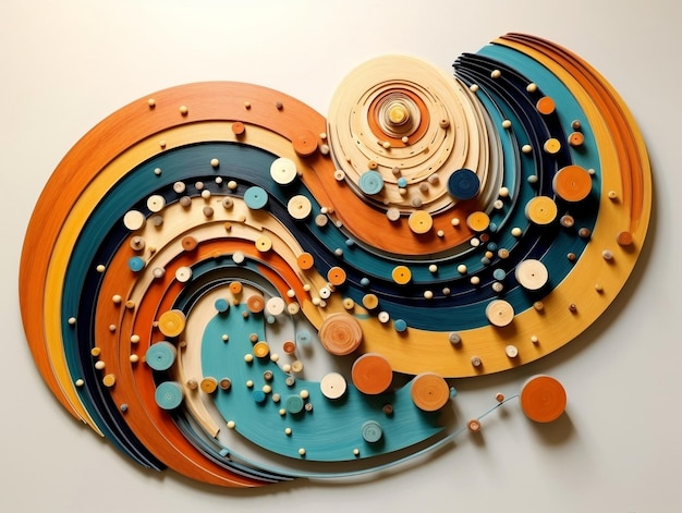 A modern and abstract wall art sculpture features swirling patterns