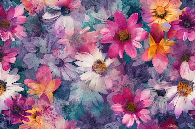 Modern Acid Colourful Floral Seamless Background with Noise Grunge Texture